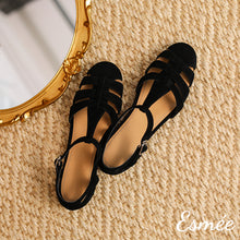 Load image into Gallery viewer, Black-Suede-Flat-Roman-Sandals-product-shots