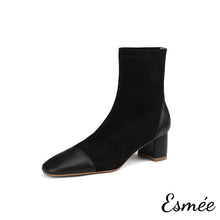 將圖片載入圖庫檢視器 Black-Suede-High-Heel-Ankle-Boots-with-Leather-Toe-Cap-product-shots-white-background