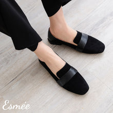 Load image into Gallery viewer, Black-Suede-Loafers-with-Thick-Leather-Straps-model-shots