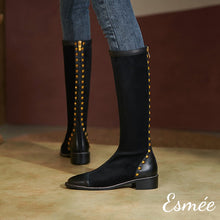 Load image into Gallery viewer, Black-Suede-Long-Boots-with-Rockstud-and-Leather-Toe-Cap-Design-model-shots-1