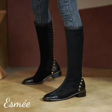 Load image into Gallery viewer, Black-Suede-Long-Boots-with-Rockstud-and-Leather-Toe-Cap-Design-model-shots