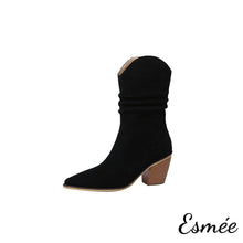 Load image into Gallery viewer, Black-Suede-Mid-Riding-Boots-with-Cylinder-Heels-product-shots-white-background