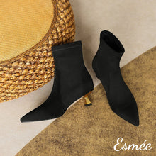 將圖片載入圖庫檢視器 Black-Suede-Pointed-Toe-Ankle-Boots-with-Golden-Kitten-Heels-product-shots
