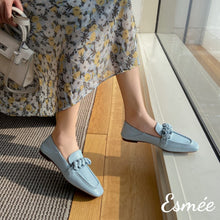 Load image into Gallery viewer, Blue-Lambskin-Leather-Loafers-with-Ribbon-Design-model-shots