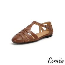 Load image into Gallery viewer, Brown-Leather-Flat-Roman-Sandals-product-shots-white-background