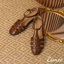 Load image into Gallery viewer, Brown-Leather-Flat-Roman-Sandals-product-shots