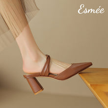 Load image into Gallery viewer, Brown-Leather-High-Heel-Mules-with-Leather-Straps-model-shots