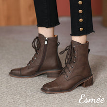 將圖片載入圖庫檢視器 Brown-Leather-Marten-Boots-with-Sqaure-Toe-Design-model-shots