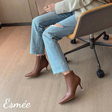 Load image into Gallery viewer, Brown-Leather-Pointed-Toe-Ankle-Boots-with-Stiletto-Heels-model-shots
