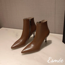 Load image into Gallery viewer, Brown-Leather-Pointed-Toe-Ankle-Boots-with-Stiletto-Heels-product-shots