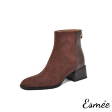 將圖片載入圖庫檢視器 Brown-Leather-Suede-Ankle-Boots-with-Block-Heels-product-shots-white-background