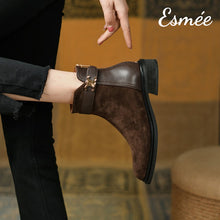 將圖片載入圖庫檢視器 Brown-Leather-Suede-Ankle-Boots-with-Metal-Buckle-Straps-model-shots