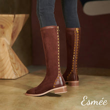 Load image into Gallery viewer, Brown-Suede-Long-Boots-with-Rockstud-and-Leather-Toe-Cap-Design-model-shots-1