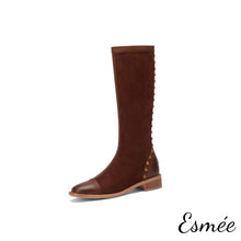 Load image into Gallery viewer, Brown-Suede-Long-Boots-with-Rockstud-and-Leather-Toe-Cap-Design-product-shots-white-background