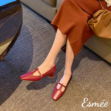 Load image into Gallery viewer, Burugndy-Leather-High-Heel-with-T-Straps-model-shots