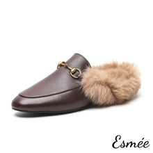 Load image into Gallery viewer, Brown-leather-mules-with-fur-product-shots-white-background