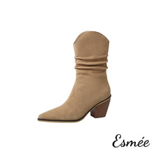 Load image into Gallery viewer, Camel-Suede-Mid-Riding-Boots-with-Cylinder-Heels-product-shots-white-background