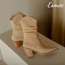 Load image into Gallery viewer, Camel-Suede-Mid-Riding-Boots-with-Cylinder-Heels-product-shots