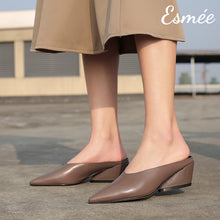 Load image into Gallery viewer, Dark-Grey-Leather-Mules-with-Chunk-Heels-model-shots