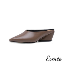 Load image into Gallery viewer, Dark-Grey-Leather-Mules-with-Chunk-Heels-product-shots-white-background