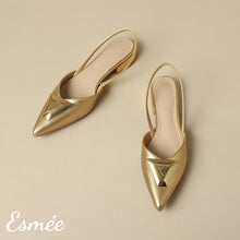 Load image into Gallery viewer, Gold-Leather-Slingback-with-Triangular-Metal-Buckle-product-shots