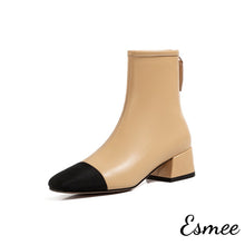 將圖片載入圖庫檢視器 Kahki-Leather-Ankle-Boots-with-Block-Heels-and-Black-Almond-Toe-Cap-product-shots-white-background