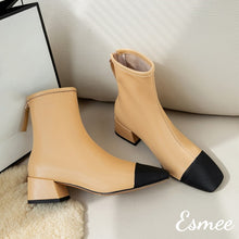 將圖片載入圖庫檢視器 Kahki-Leather-Ankle-Boots-with-Block-Heels-and-Black-Almond-Toe-Cap-product-shots