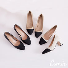 Load image into Gallery viewer, Khaki-Black-White-Leather-Block-Heels-with-Black-Almond-toe-product-shots