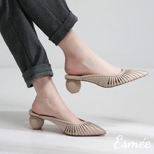 將圖片載入圖庫檢視器 Khaki-Leather-High-Heel-Mules-with-Sculpted-Round-Heels-model-shots