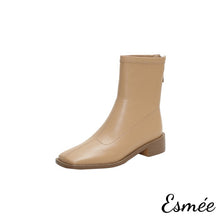 Load image into Gallery viewer, Khaki-Leather-Ankle-Boots-with-Square-Toe-Design-product-shots-white-background