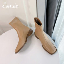 Load image into Gallery viewer, Khaki-Leather-Ankle-Boots-with-Square-Toe-Design-product-shots