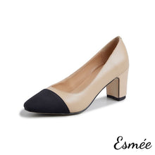 Load image into Gallery viewer, Khaki-Leather-Block-Heels-with-Black-Almond-toe-product-shots-white-background