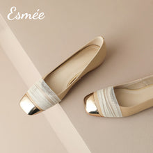 Load image into Gallery viewer, Khaki-Leather-Flats-with-Gauze-Design-and-Golden-Toe-Cap-product-shots