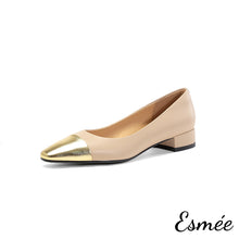 Load image into Gallery viewer, Khaki-Leather-Flats-with-Golden-Toe-Cap-product-shots-white-background