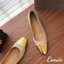 Load image into Gallery viewer, Khaki-Leather-Flats-with-Golden-Toe-Cap-product-shot