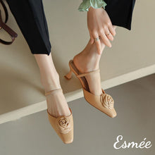 Load image into Gallery viewer, Khaki-Leather-High-Heel-Mules-with-Rosebud-Design-model-shots