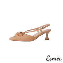 將圖片載入圖庫檢視器 Khaki-Leather-High-Heel-Slingback-with-Rosebud-Design-product-shots-white-background