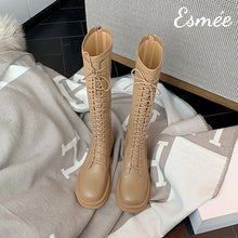 Load image into Gallery viewer, Khaki-Leather-Lace-Up-Long-Boots-product-shots