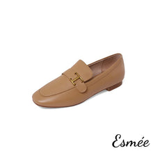 將圖片載入圖庫檢視器 Khaki-Leather-Loafers-with-T-Metal-Buckle-product-shots-white-background