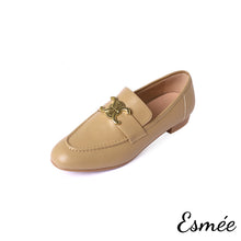 將圖片載入圖庫檢視器 Khaki-Leather-Loafers-with-X-Metal-Buckle-product-shots-white-background