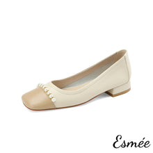 將圖片載入圖庫檢視器 Khaki-Leather-Low-Heels-with-Dual-Color-Toe-Cap-and-Pearl-Design-product-shots-white-background