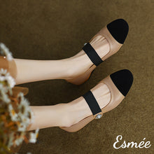 Load image into Gallery viewer, Khaki-Leather-Mary-Janes-with-Golden-Heels-and-Black-Toe-Cap-model-shots