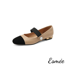 Load image into Gallery viewer, Khaki-Leather-Mary-Janes-with-Golden-Heels-and-Black-Toe-Cap-product-shots-white-background