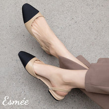 將圖片載入圖庫檢視器 Khaki-Leather-Slingback-Flat-Mules-with-black-almond-toe-cap-model-shots