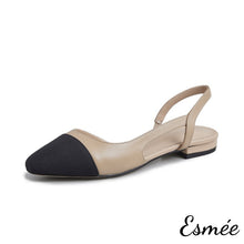 將圖片載入圖庫檢視器 Khaki-Leather-Slingback-Flat-Mules-with-black-almond-toe-cap-product-shots-white-background