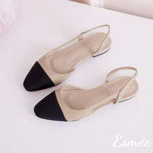 將圖片載入圖庫檢視器 Khaki-Leather-Slingback-Flat-Mules-with-black-almond-toe-cap-product-shots