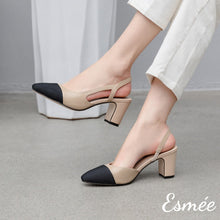 將圖片載入圖庫檢視器 Khaki-Leather-Slingback-High-Heels-Mules-with-black-almond-toe-cap-model-shots