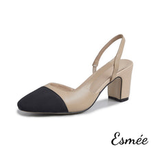 將圖片載入圖庫檢視器 Khaki-Leather-Slingback-High-Heels-Mules-with-black-almond-toe-cap-product-shots-white-background