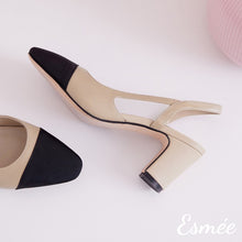 將圖片載入圖庫檢視器 Khaki-Leather-Slingback-High-Heels-Mules-with-black-almond-toe-cap-product-shots