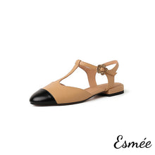 Load image into Gallery viewer, Khaki-Leather-T-Straps-Sandals-with-Flower-Buckle-Product-shots-white-background